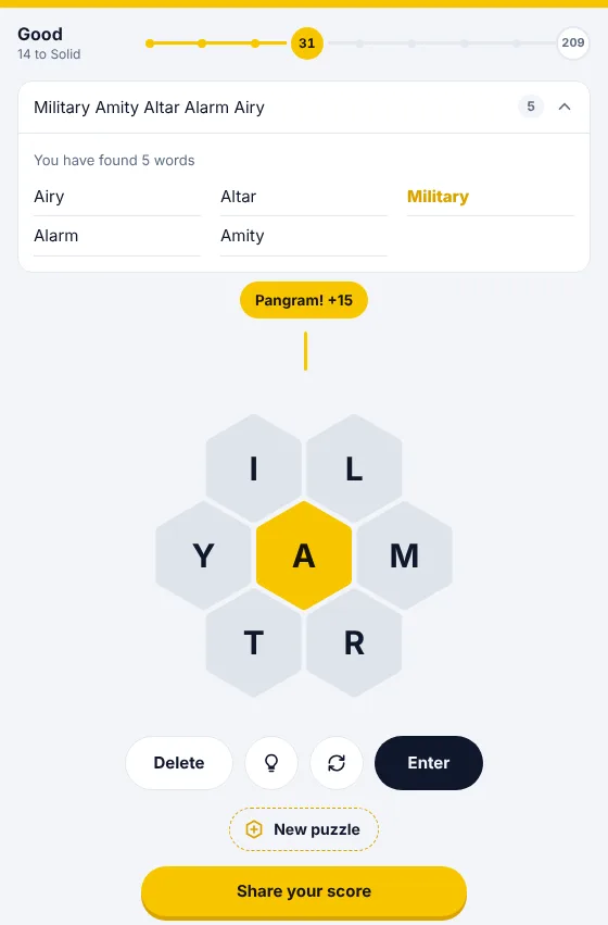 Spelling Bee word list with the pangram MILITARY highlighted